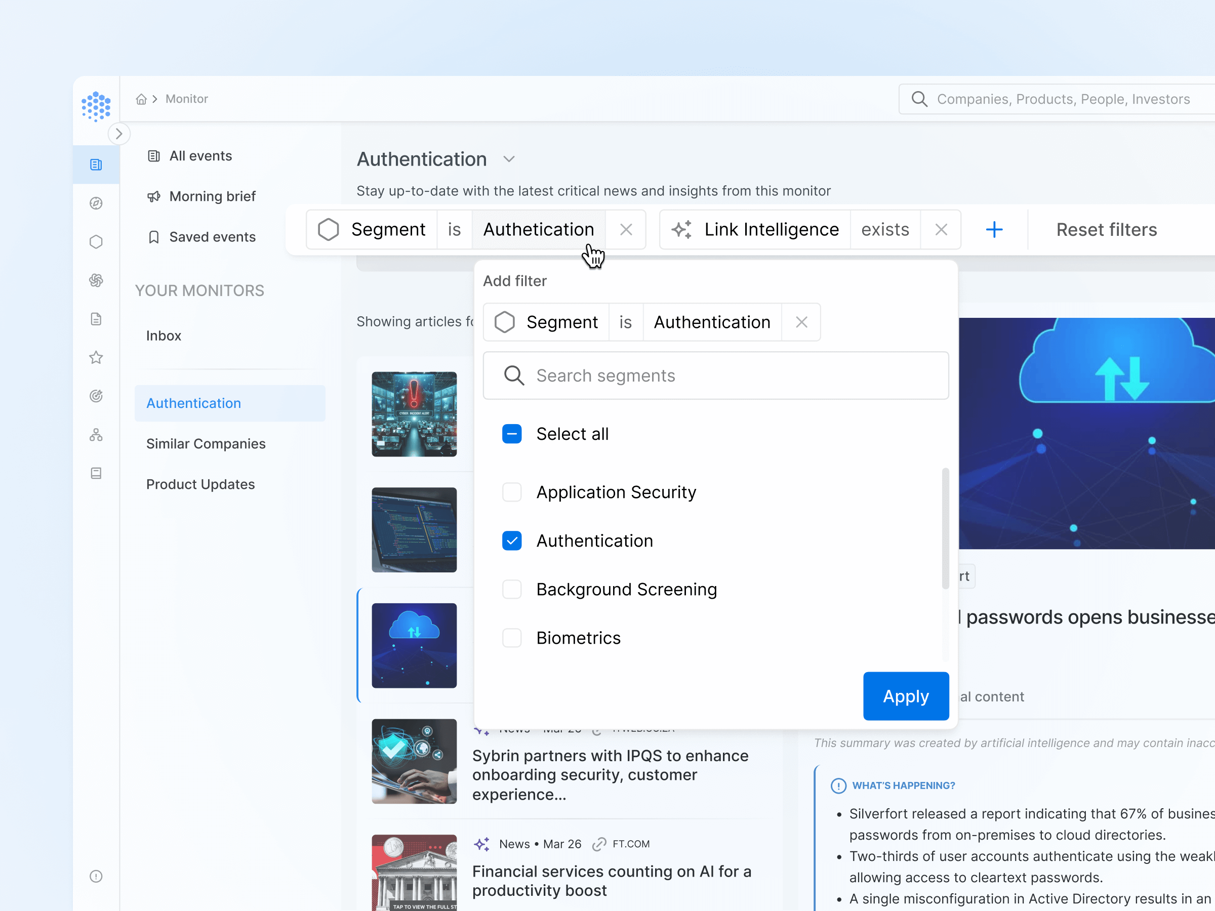 Display of the Monitor feature for Link, which allows users to stay updated with events relevant to them.