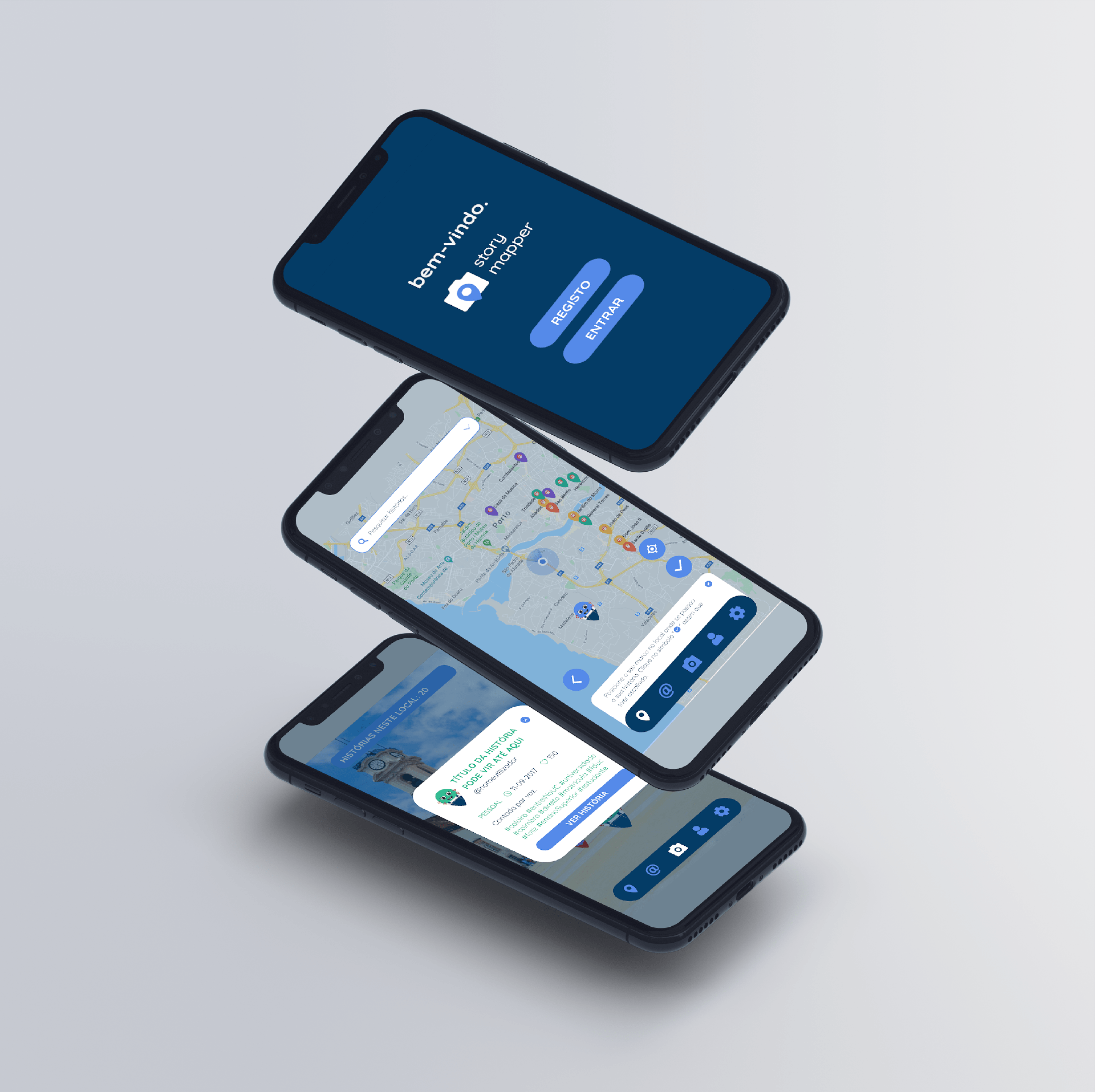 storybook phone screens demonstration, with login, map and story UIs that make up the mobile app.